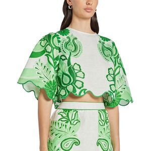 Farm Rio Womens Color Festival Linen Crop Blouse Small Green - NWT